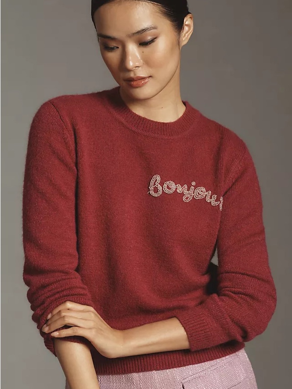 Anthropologie NWT English Factory Beaded Bonjour Crewneck Sweater Pink S